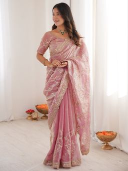 Sareemall - Women's Satin Pink Embellished Designer Saree With Unstitched Blouse