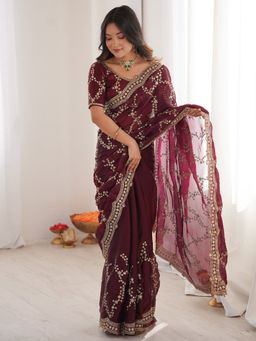 Sareemall - Women's Satin Maroon Embellished Designer Saree With Unstitched Blouse
