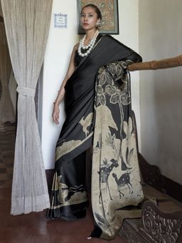 Sareemall - Women's Satin Black Printed Designer Saree With Unstitched Blouse