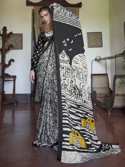 Sareemall - Women's Satin Beige Printed Designer Saree With Unstitched Blouse