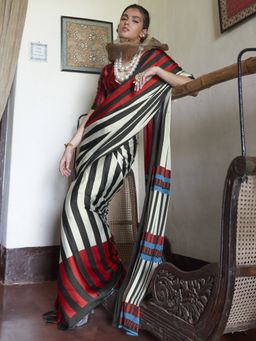 Sareemall - Women's Satin Black Printed Designer Saree With Unstitched Blouse