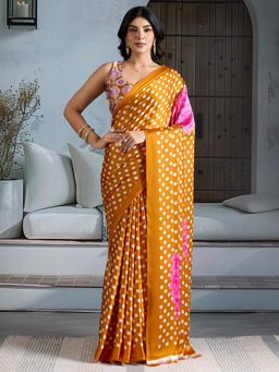 Sareemall - Women's Satin Mustard Printed Designer Saree With Unstitched Blouse