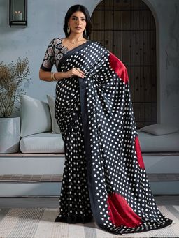 Sareemall - Women's Satin Black Printed Designer Saree With Unstitched Blouse