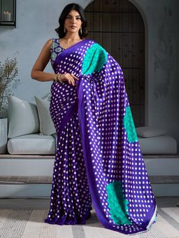 Sareemall - Women's Satin Purple Printed Designer Saree With Unstitched Blouse