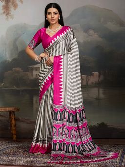 Sareemall - Women's Satin Pink Printed Designer Saree With Unstitched Blouse