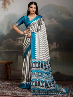 Sareemall - Women's Satin Teal Blue Printed Designer Saree With Unstitched Blouse