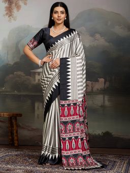 Sareemall - Women's Satin Black Printed Designer Saree With Unstitched Blouse