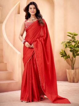 Sareemall - Women's Tussar Silk Red Beads & Stones Designer Saree With Unstitched Blouse