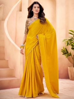 Sareemall - Women's Tussar Silk Yellow Beads & Stones Designer Saree With Unstitched Blouse