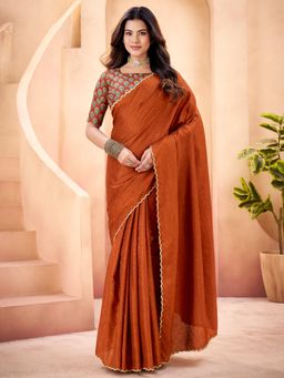 Sareemall - Women's Tussar Silk Brown Beads & Stones Designer Saree With Unstitched Blouse