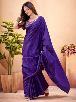 Sareemall - Women's Tussar Silk Purple Beads & Stones Designer Saree With Unstitched Blouse