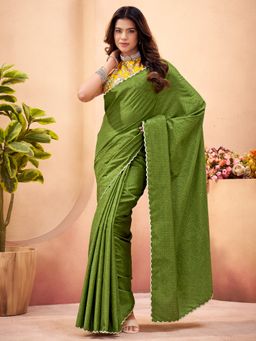 Sareemall - Women's Tussar Silk Green Beads & Stones Designer Saree With Unstitched Blouse