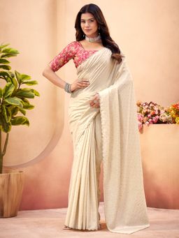 Sareemall - Women's Tussar Silk Cream Beads & Stones Designer Saree With Unstitched Blouse