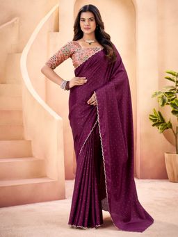 Sareemall - Women's Tussar Silk Magenta Beads & Stones Designer Saree With Unstitched Blouse