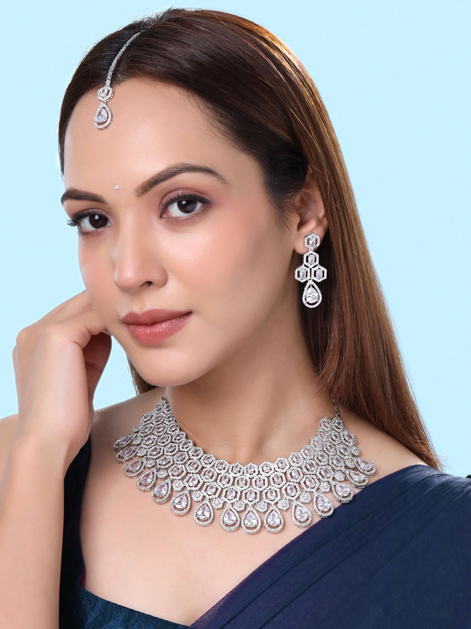 Buy Yellow Chimes Ad White Stone Silver Jewellery Set with Maang