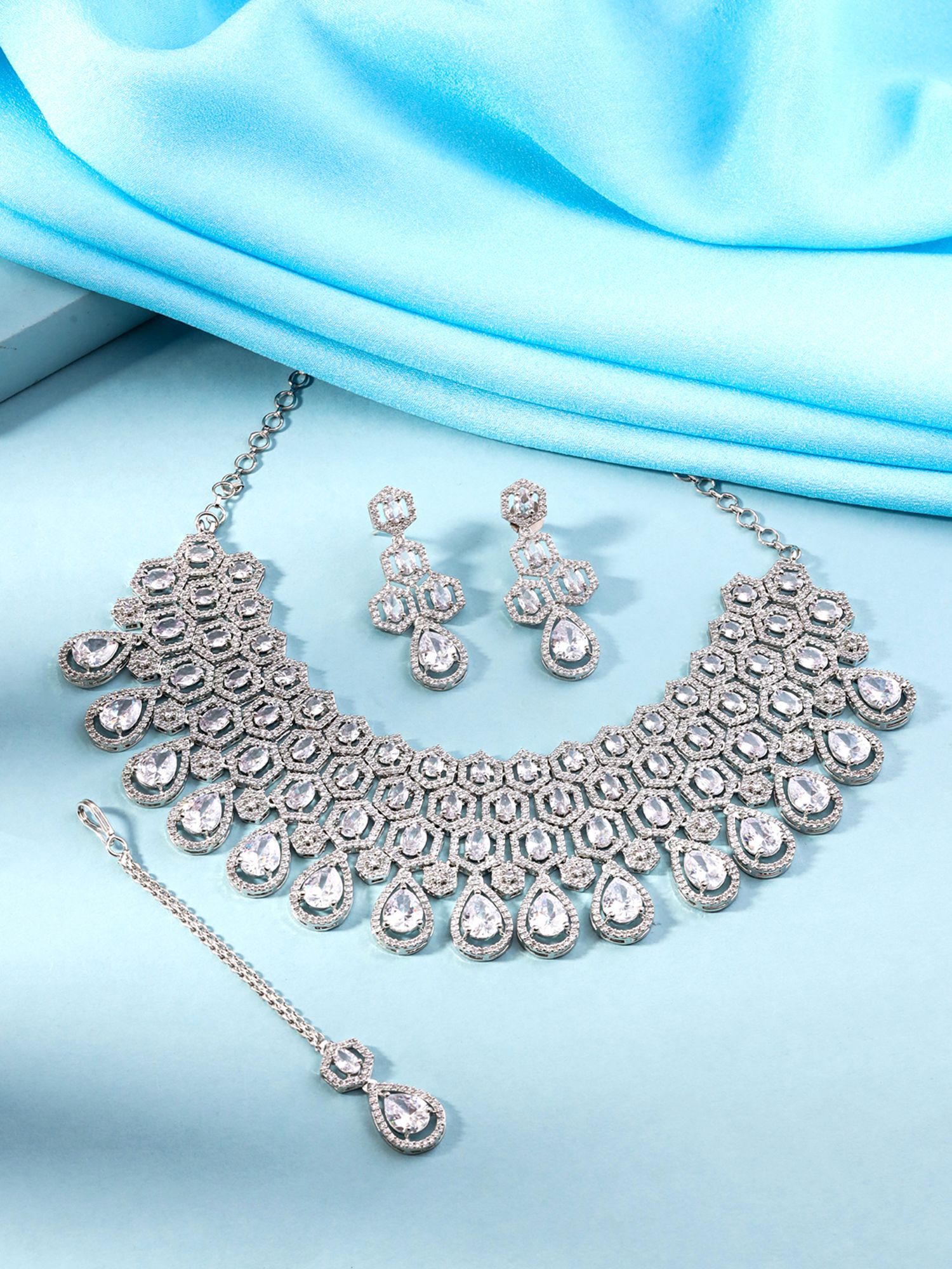 Buy Yellow Chimes Ad White Stone Silver Jewellery Set with Maang