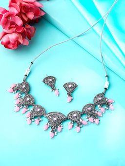 Yellow Chimes - Silver Oxidised Pink Floral Designed Necklace
