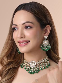 Yellow Chimes - Traditional Gold Plated Green Beads Drop Kundan Set