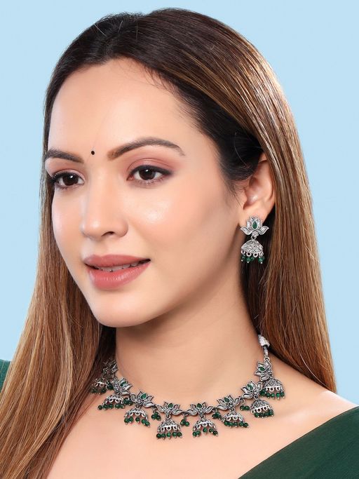 Yellow Chimes Traditional Silver Oxidised Jhumka Drop Designed Oxidized Necklace Set