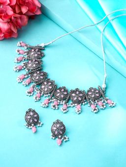 Yellow Chimes - Silver Tone Pink Beads Drop Choker Necklace Set