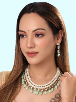 Yellow Chimes - Gold Plated Kundan Studded Pearl Beaded Beads Drop Necklace Set