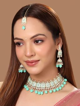 Yellow Chimes - Ethnic Gold Plated Studded Kundan Beads Meenakari Choker Necklace Set