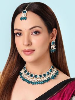 Yellow Chimes - Traditional Gold Plated Turquoise Crystal Beads Choker Necklace Set