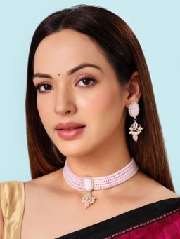 Yellow Chimes - Traditional Gold Plated Pink Beads Choker Necklace Set