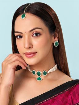 Yellow Chimes - Traditional Green & White Jewellery Set