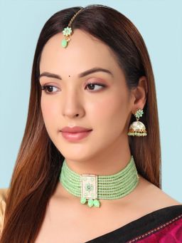Yellow Chimes - Traditional Gold Plated Meenakari Work Green Beads Choker Necklace Set