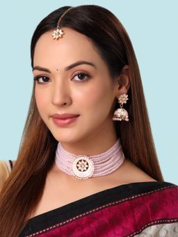 Yellow Chimes - Traditional Gold Plated Pink Beads Choker Necklace Set