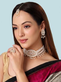 Yellow Chimes - Traditional Gold Plated White Pearl Beads Choker Necklace Set