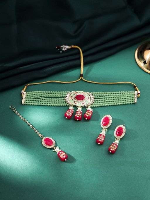 Yellow Chimes Traditional Gold Plated Green & Pink Beads Choker Necklace Set