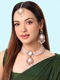 Yellow Chimes - Traditional Gold Plated Multilayered Pink Beads Necklace Set