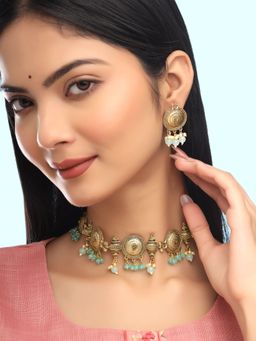 Yellow Chimes - Traditional Gold Plated Blue Beads Choker Necklace Set