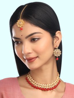 Yellow Chimes - Traditional Gold Plated Red Kundan Beads Choker Necklace Set