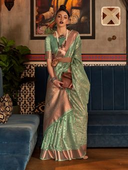 Sareemall - Women Tissue Sea Green Woven Design Designer Saree with Unstitched Blouse