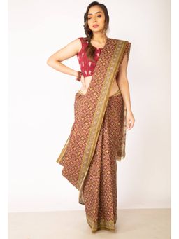 Unnati Silks - Brown Pure Krisha Block Printed Cotton Saree with Unstitched Blouse