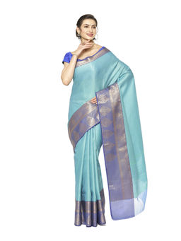 Banarasi Silk Works - Blue Resham Zari Pattu Border Art Saree with Unstitched Blouse