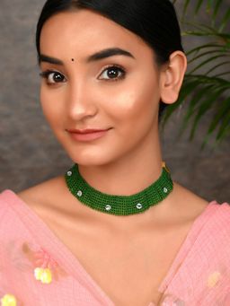 Silvermerc Designs - Gold Platead Green Beads Choker Necklace