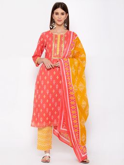 Yuris - Women's Peach & Yellow Printed Kurta with Trousers and Dupatta (Set of 3)