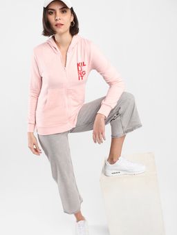 Campus Sutra - Women Pink Printed Regular Fit Sweatshirt with Hooded Neck for Winterwear