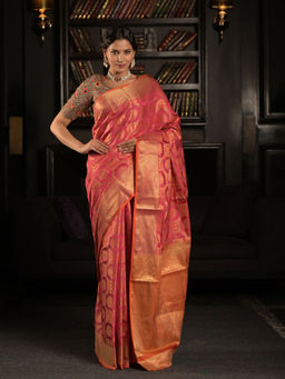EXCLUSIVA - Pink and Orange Patola Weaving Saree with Unstitched Blouse