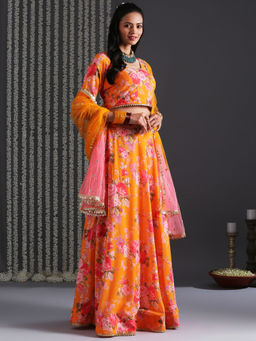 Gajra Gang - Bageecha Orange Floral Printed Lehenga Choli & Dupatta GGLEH18 (Set of 3)