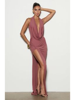 Bee Boe - Lume Halter Plunging Neck Rose Mauve Dress