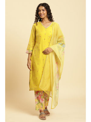 Buy W Yellow Floral Kurta, Slim Pant & Dupatta (Set of 3) Online