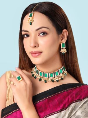 Yellow Chimes Traditional Gold Plated Green Mothi Beads Choker Necklace Set