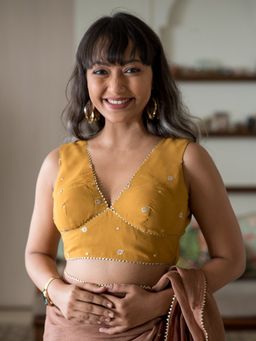 Suta - Womens Mustard Embellished Liva Saree Blouse
