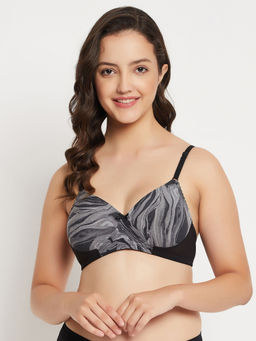 Clovia - Polyamide Printed Padded Full Cup Wire Free T-shirt Bra - Light Grey