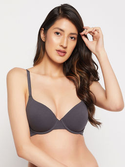 Clovia - Cotton Spandex Solid Padded Demi Cup Underwired T-shirt Bra - Dark Grey